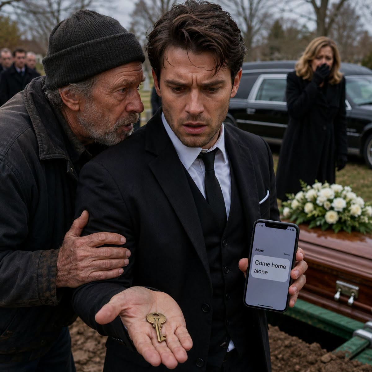 En el funeral de mi padre, apenas habían echado la primera palada de tierra sobre el ataúd cuando el sepulturero me tomó del brazo y susurró: “Tu padre me pagó para enterrar una caja vacía.” Me quedé helado. Antes de que pudiera responder, me puso una llave de bronce en la mano. Tenía el número 17 grabado. “No vuelvas a casa”, dijo. “No importa quién te llame. Ve ahora mismo a la bodega 17, sobre la carretera federal.” Entonces mi celular vibró. Era un mensaje de mi madre: Ven a casa solo.