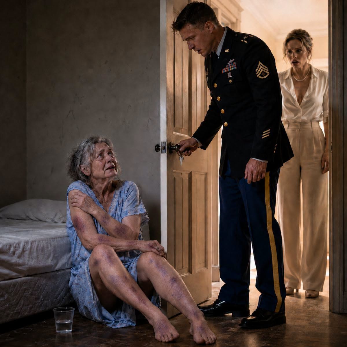 Cuando regresó de su misión militar, su esposa les dijo a los vecinos: “Su madre tiene demencia… se lastima sola.” Pero él encontró a su mamá encerrada en un cuarto oscuro, lúcida, sin teléfono y con moretones en las muñecas. Fingió creerle… hasta la mañana siguiente, cuando llegó a la evaluación psiquiátrica con un expediente que lo cambió todo.