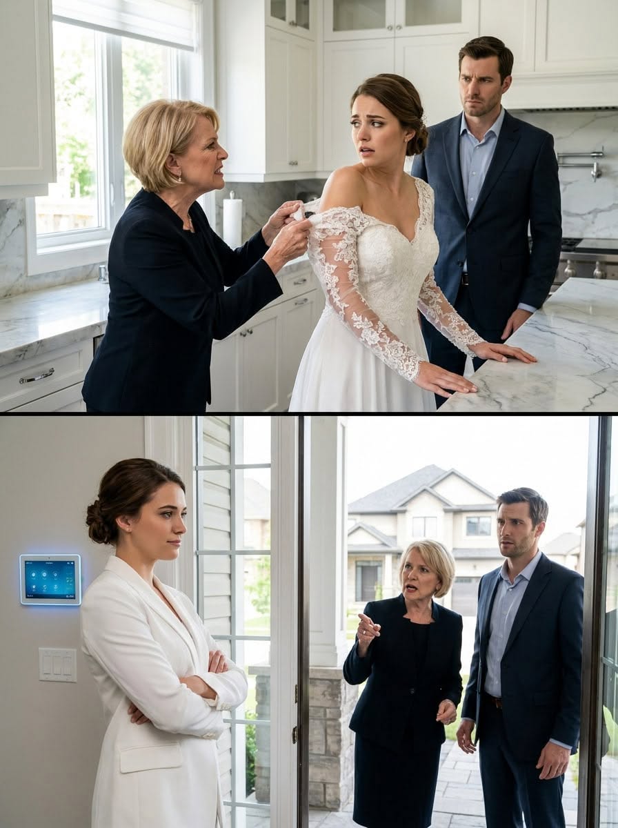 Cuando mi suegra me rasgó el vestido blanco en medio de la cocina, gritó: “¡Mi hijo paga por todo en esta casa!”. Mi marido se quedó a su lado y no