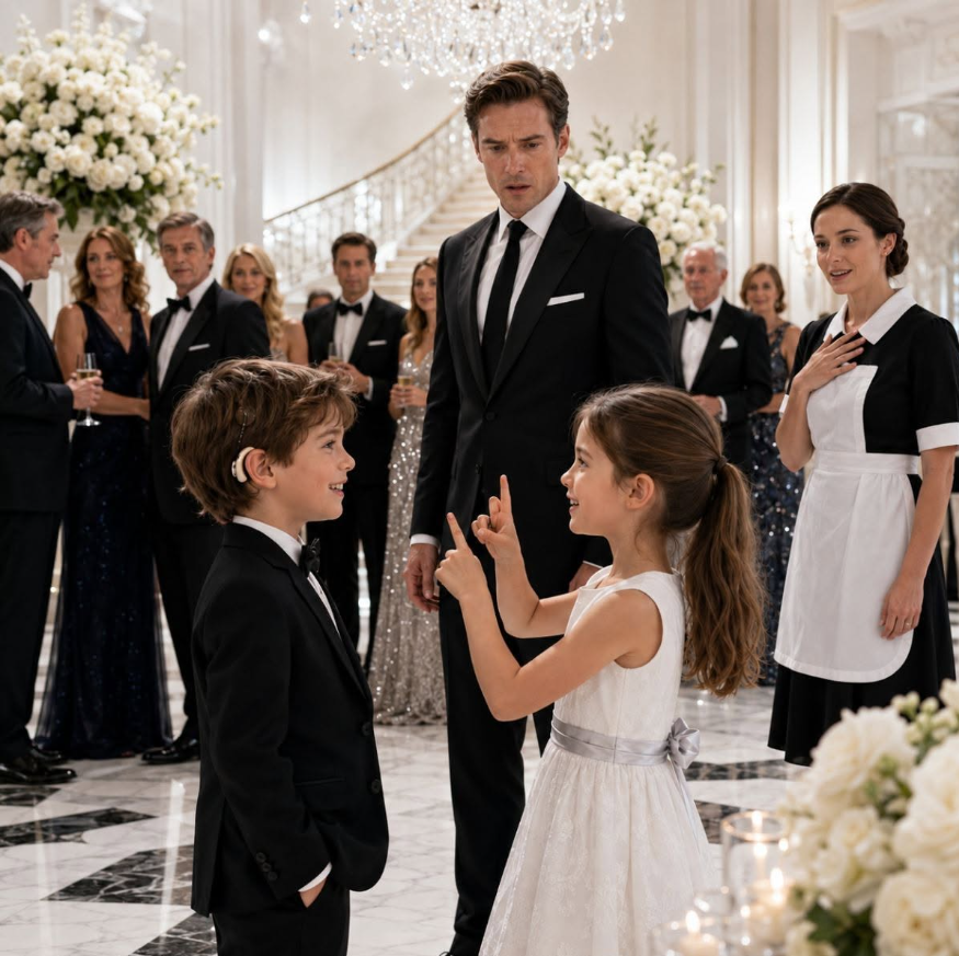 El magnate olvidó a su hijo sordo en una sala llena de millonarios… hasta que la hija de la empleada levantó las manos y el niño sonrió por primera vez.